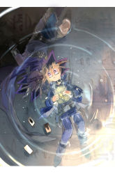 Rule 34 | 2boys, afloat, atem, belt, black hair, blonde hair, blue jacket, blue pants, bright pupils, card, dyed bangs, glowing, hieroglyphics, holding, jacket, letterboxed, long sleeves, looking to the side, male focus, millennium puzzle, multiple boys, muto yugi, open clothes, open jacket, pants, purple eyes, purple hair, ripples, school uniform, shi (shooo ttt), shirt, spiked hair, water, white pupils, yu-gi-oh!, yu-gi-oh! duel monsters