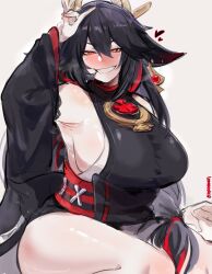 Rule 34 | absurdres, black hair, breasts, character request, clothing request, copyright request, genshin impact, heart, highres, kurenaiz (kuayrenaiz), large breasts, red eyes, sketch, smile, sweat, teeth, thick thighs, thighs, twitter username, white background