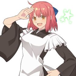 Rule 34 | 1girl, :d, ahoge, apron, brown eyes, commentary, hirakawa, kohaku (tsukihime), looking at viewer, maid, open mouth, pink hair, short hair, simple background, smile, solo, star (symbol), tsukihime, white apron, white background