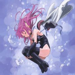 Rule 34 | 1girl, armor, boots, bubble, cape, choker, closed eyes, earrings, fal (phantasy star), fetal position, floating, full body, hugging own legs, isedaichi ken, jewelry, leotard, phantasy star, phantasy star iv, pink hair, pointy ears, sega, shoulder armor, solo, thigh boots, thighhighs, underwater
