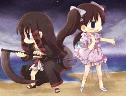Rule 34 | 2girls, ar tonelico, ar tonelico ii, beach, black hair, blue eyes, bow, chibi, dress, dual persona, gust, hair bow, hair ribbon, hand on another&#039;s chest, hand on own chest, high heels, jakuri (ar tonelico), kabuyou, long hair, multiple girls, ribbon, robe, sandals, scythe, see-through, shoes, twintails, weapon, yasai