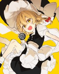 Rule 34 | 1girl, apron, arm up, back bow, black footwear, black hat, black skirt, black vest, blush, bow, braid, brown hair, buttons, commentary request, flying, frills, hair between eyes, hair bow, hands up, hat, highres, jill 07km, kirisame marisa, legs up, light brown hair, looking at viewer, mini-hakkero, one-hour drawing challenge, open mouth, puffy short sleeves, puffy sleeves, red bow, shirt, shoes, short hair, short sleeves, simple background, single braid, skirt, smile, socks, solo, star (symbol), star in eye, symbol in eye, teeth, touhou, vest, white apron, white bow, white shirt, white socks, witch hat, yellow background, yellow eyes