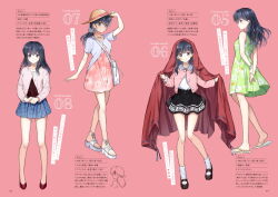 Rule 34 | 4girls, arm up, arms behind back, bare arms, bare legs, black hair, black skirt, blue eyes, blue skirt, bracelet, cardigan, closed mouth, collarbone, dress, floral print, full body, green dress, hat, high heels, higurashi kagome, inuyasha, jewelry, long hair, long sleeves, looking at viewer, miniskirt, motobi (mtb umk), multiple girls, necklace, open cardigan, open clothes, page number, pink background, pink cardigan, pink dress, ponytail, print dress, profile, pumps, red footwear, shirt, short dress, short sleeves, skirt, sleeveless, sleeveless dress, smile, socks, standing, straight hair, straw hat, sun hat, sundress, white shirt, white socks