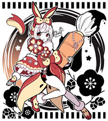 Rule 34 | 1girl, animal ears, apple rabbit, elina (e2n04n), flower ornament, food, food art, frills, gloves, japanese clothes, open mouth, original, rabbit ears, red eyes, solo, white hair