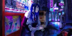 Rule 34 | 1girl, alley, cigarette, copyright name, cyberpunk, drink, english text, highres, jacket, jacket on shoulders, jill stingray, neon lights, night, price, purple hair, red eyes, smoking, solo, sushiwa, tin can, twintails, va-11 hall-a, vending machine