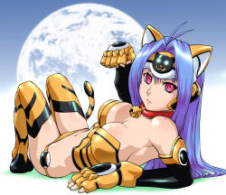 Rule 34 | 00s, 1girl, :3, android, animal ears, animal hands, bell, bikini, bikini bottom only, blue hair, breasts, cat, cat ears, cat tail, cleavage, collar, earth (planet), elbow gloves, female focus, full moon, gloves, jingle bell, kos-mos, long hair, lying, moon, neck bell, on back, pink eyes, planet, solo, strapless, swimsuit, tail, thighhighs, tube top, ueyama michirou, xenosaga