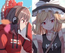Rule 34 | 2girls, ahoge, alternate costume, arms behind head, black tank top, blonde hair, blue background, blurry, blush, bow, brown hair, depth of field, drawstring, frilled bow, frills, from side, hair bow, hakurei reimu, hat, head rest, headphones, highres, hood, hoodie, jewelry, kirisame marisa, long hair, long sleeves, multiple girls, necklace, off shoulder, red bow, red eyes, smile, tank top, touhou, upper body, vanilla flan, white background, witch hat, yin yang