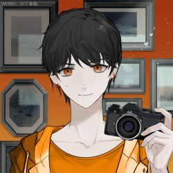Rule 34 | 1boy, black hair, bug, butterfly, camera, character request, closed mouth, collarbone, collared jacket, earrings, fingernails, gradient background, highres, holding, holding camera, hoop earrings, insect, jacket, jewelry, light particles, looking at viewer, male focus, mole, mole on nose, multiple moles, orange background, orange eyes, orange jacket, orange shirt, palms, photo (object), picture frame, qian linlin, real life, shirt, short hair, smile, snow man (jpop), solo, straight-on, upper body, white butterfly