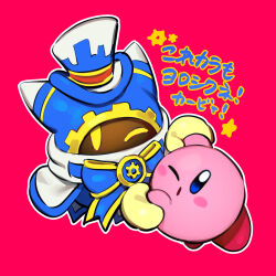 Rule 34 | blue bow, blue eyes, blue hat, blue hood, blush stickers, bow, gears, gogoheaven welcomehell, hat, highres, holding hands, kirby, kirby&#039;s return to dream land, kirby (series), magolor, nintendo, no humans, one eye closed, outline, pink background, simple background, top hat, translation request, white outline, yellow eyes