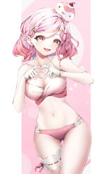 Rule 34 | 1girl, absurdres, aisu kurimu, amai direct, bra, breasts, cleavage, collarbone, eyebrows, eyelashes, feet out of frame, female focus, finger heart, gloves, highres, looking at viewer, medium breasts, medium hair, navel, open mouth, panties, pink background, pink bra, pink hair, pink panties, shironagase, simple background, smile, solo, standing, thigh strap, tongue, underwear, virtual youtuber, white gloves, yellow eyes