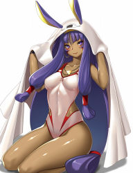 Rule 34 | 1girl, animal ears, bare legs, bare shoulders, blunt bangs, breasts, commentary request, competition swimsuit, dark-skinned female, dark skin, egyptian, facial mark, fate/grand order, fate (series), from side, hair between eyes, hair ornament, highres, long hair, looking at viewer, looking to the side, low-tied long hair, medium breasts, medjed (fate), nitocris (fate), nitocris (fate/grand order), nitocris (swimsuit assassin) (fate), nitocris (swimsuit assassin) (second ascension) (fate), one-piece swimsuit, pink eyes, purple hair, simple background, smile, solo, swimsuit, takanashi-a, thighs, very long hair