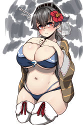 Rule 34 | 1girl, bikini, black hair, breasts, cleavage, flower, hair flaps, hair flower, hair ornament, happi, hibiscus, highres, japanese clothes, jingei (kancolle), kantai collection, konoshige (ryuun), large breasts, long hair, looking at viewer, navel, red eyes, shaded face, simple background, solo, swimsuit, thighhighs, white background