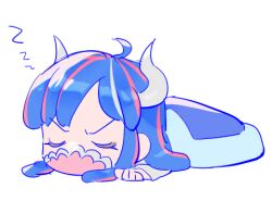 Rule 34 | 1girl, ahoge, blue hair, chibi, closed eyes, covered mouth, curled horns, dinosaur girl, horns, long hair, lowres, lying, mask, mouth mask, multicolored hair, on stomach, one piece, pink hair, pink mask, raine (acke2445), sleeping, solo, streaked hair, ulti (one piece), white background, zzz