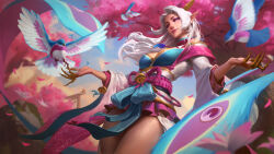 Rule 34 | 1girl, animal, bird, bird wings, cherry blossoms, claws, evelynn (league of legends), highres, league of legends, lejia chan, long hair, pink eyes, pointy ears, smile, spirit blossom (league of legends), tree, white hair, wings
