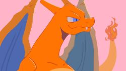 Rule 34 | blue eyes, charizard, closed mouth, collarbone, creatures (company), dragon, fangs, fangs out, flame-tipped tail, game freak, gen 1 pokemon, highres, mo~zu, nintendo, no humans, pink background, pokemon, pokemon (creature), simple background, solo