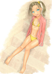 Rule 34 | 1girl, barefoot, bikini, blue eyes, commentary request, flat chest, full body, grey hair, hair ornament, hair scrunchie, highres, looking at viewer, medium hair, navel, open clothes, open mouth, original, rash guard, scrunchie, side ponytail, sitting, smile, solo, swimsuit, tan, tanline, toes, uzuki mei, yellow bikini