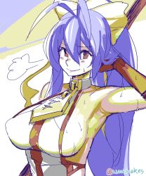 Rule 34 | 1girl, antenna hair, arm up, armpits, backless outfit, bare shoulders, black pants, blazblue, blazblue: central fiction, blazblue variable heart, blue hair, blush, bow, breasts, breath, covered erect nipples, fingerless gloves, genderswap, genderswap (mtf), gloves, hair between eyes, hair bow, halterneck, hand in own hair, heavy breathing, holding, holding weapon, large breasts, long hair, looking at viewer, mai natsume, no bra, open mouth, outseal, pants, polearm, ponytail, red eyes, revealing clothes, ribbon, sideboob, sidelocks, smile, smirk, solo, spear, standing, sweat, upper body, very long hair, weapon, woofycakes, yellow bow