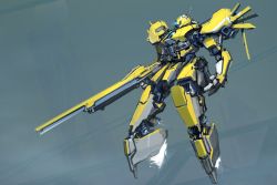 Rule 34 | commentary, english commentary, flying, glowing, gun, highres, holding, holding gun, holding weapon, ksenolog, looking ahead, mecha, no humans, open hand, original, rifle, robot, sniper rifle, solo, weapon