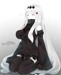 Rule 34 | 10s, 1girl, abyssal ship, aircraft carrier water oni, bad id, bad pixiv id, black thighhighs, breasts, colored skin, detached sleeves, dress, closed eyes, hair ornament, kantai collection, large breasts, long hair, long sleeves, nekoume, ribbed dress, short dress, sitting, solo, thighhighs, very long hair, wariza, white hair, white skin, zettai ryouiki