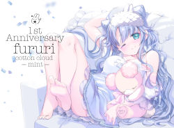 Rule 34 | 1girl, ;), aqua eyes, arm up, bare legs, bare shoulders, barefoot, blue hair, blush, breasts, cleavage, closed mouth, collarbone, commentary request, couch, cushion, detached sleeves, dress, frills, head tilt, highres, hinayuki usa, knees up, long hair, mask, mask on head, medium breasts, on couch, one eye closed, original, puffy short sleeves, puffy sleeves, short sleeves, simple background, sleep mask, sleeveless, sleeveless dress, smile, soles, solo, strap slip, stuffed animal, stuffed toy, teddy bear, very long hair, white background, white dress, white sleeves