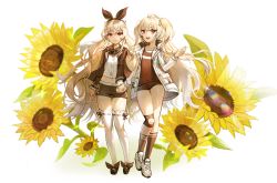 Rule 34 | 2girls, :d, absurdres, ahoge, black footwear, bow, brown bow, brown hairband, brown jacket, brown legwear, brown shirt, brown shorts, character request, closed mouth, collarbone, commentary, commission, crescent, crescent earrings, dress shirt, earrings, elsword, facial mark, floral background, flower, hair between eyes, hair ornament, hairband, high collar, highres, huge filesize, hyoin, jacket, jewelry, kneehighs, light brown hair, long hair, long sleeves, midriff, multiple girls, navel, open clothes, open jacket, open mouth, red eyes, red ribbon, ribbon, ribbon-trimmed legwear, ribbon trim, round teeth, shirt, shoes, short shorts, shorts, silver hair, smile, socks, standing, sunflower, symbol-only commentary, teeth, thigh gap, thighhighs, two side up, upper teeth only, very long hair, white background, white footwear, white jacket, white legwear, white shirt, yellow flower