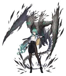 Rule 34 | 1girl, absurdres, alpha transparency, belt, belt buckle, black footwear, black gloves, breasts, buckle, cleavage, coat, coat on shoulders, collarbone, counter:side, full body, gloves, green hair, half gloves, highres, long hair, monster, o-ring, official art, open clothes, rita arsenico, tachi-e, transparent background, yellow eyes, zipper footwear
