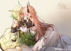 Rule 34 | 2girls, absurdres, all fours, animal ears, arknights, breasts, cat ears, dress, from side, green hair, hands on another&#039;s cheeks, hands on another&#039;s face, highres, horns, imminent kiss, kal&#039;tsit (arknights), long hair, moyu marginal, multiple girls, pink hair, short hair with long locks, sidelocks, small breasts, theresa (arknights), watch, weibo watermark, wristwatch, yuri