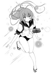 Rule 34 | 10s, bad id, bad pixiv id, greyscale, i-168 (kancolle), kantai collection, long hair, monochrome, personification, ponytail, sandals, school swimsuit, school uniform, serafuku, solo, swimsuit, swimsuit under clothes, torpedo, yuuki kazuhito