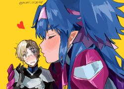 Rule 34 | 1boy, 1girl, blue hair, blush, giant, giantess, glasses, hair ears, hanami (mimi 01281218), hand on another&#039;s arm, heart, hetero, highres, imminent kiss, kiss, kissing cheek, klan klein, long hair, macross, macross frontier, mikhail buran, pilot suit, pointy ears, size difference, sweatdrop, twitter username, two side up, yellow background