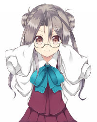 Rule 34 | 1girl, adjusting eyewear, alternate hairstyle, amano kouki, bespectacled, bow, bowtie, brown eyes, cosplay, double bun, glasses, grey-framed glasses, hair bun, highres, kantai collection, makigumo (kancolle), makigumo (kancolle) (cosplay), pleated skirt, purple skirt, silver hair, simple background, skirt, sleeves past wrists, smile, solo, twintails, white background, zuihou (kancolle)