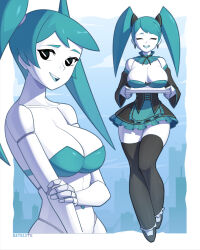 Rule 34 | 1girl, absurdres, black eyes, black thighhighs, blue hair, blue tongue, breasts, cleavage, colored tongue, earrings, highres, humanoid robot, jenny wakeman, jewelry, large breasts, long hair, looking at viewer, my life as a teenage robot, open mouth, robot, satelyte, smile, solo, teeth, thighhighs, twintails, upper teeth only