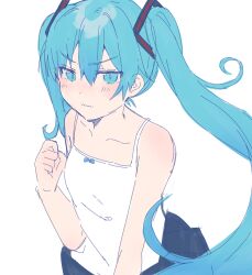 Rule 34 | 1girl, absurdres, bare arms, bare shoulders, black skirt, blue eyes, blue hair, blush, camisole, closed mouth, commentary, hair between eyes, hand up, hatsune miku, heremia, highres, long hair, looking at viewer, pleated skirt, simple background, skirt, solo, twintails, v-shaped eyebrows, very long hair, vocaloid, wavy mouth, white background, white camisole