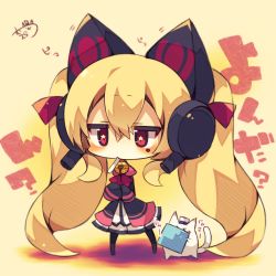 Rule 34 | &gt; &lt;, 1girl, absurdly long hair, animal, animal ear headphones, animal ears, azur lane, beige background, bell, black jacket, blonde hair, blush, cat, cat ear headphones, cat ears, chibi, closed eyes, concord (azur lane), fake animal ears, full body, hair between eyes, headphones, highres, jacket, jingle bell, long hair, long sleeves, looking at viewer, mole, mole under eye, mouth hold, muuran, open clothes, open jacket, pleated skirt, red eyes, shirt, signature, skirt, sleeves past fingers, sleeves past wrists, solo, standing, star-shaped pupils, star (symbol), symbol-shaped pupils, translation request, twintails, very long hair, white shirt, white skirt