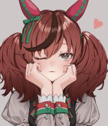 Rule 34 | 1girl, ;3, animal ears, blush, bow, brown hair, commentary request, ear covers, green bow, green ribbon, hair bow, hair ribbon, hands on own cheeks, hands on own face, heart, highres, horse ears, juliet sleeves, long sleeves, mamu t7s, multicolored hair, nice nature (umamusume), one eye closed, portrait, puffy sleeves, ribbon, solo, streaked hair, twintails, umamusume