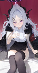 Rule 34 | 1girl, absurdres, bed sheet, black coat, black horns, black skirt, black thighhighs, blue archive, blush, breasts, closed mouth, coat, coat on shoulders, collared shirt, demon horns, feet out of frame, fingernails, fur-trimmed coat, fur trim, grey hair, halo, highres, hina (blue archive), horns, keikei (kitty colors), long hair, looking at viewer, multiple horns, purple eyes, shirt, sitting, skirt, sleeveless, sleeveless shirt, small breasts, solo, thighhighs, white shirt