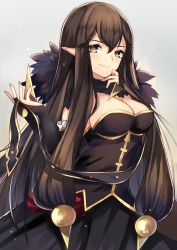 Rule 34 | 1girl, black dress, black hair, breasts, bridal gauntlets, brown eyes, choker, cleavage, detached sleeves, dress, fate/apocrypha, fate (series), grey background, hair between eyes, highres, large breasts, long hair, looking at viewer, pointy ears, ry thae, semiramis (fate), simple background, sleeveless, sleeveless dress, smile, solo, standing, strapless, strapless dress, very long hair