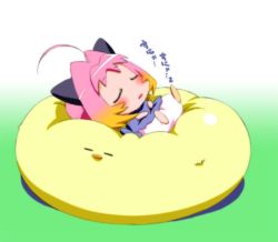 Rule 34 | 00s, 1girl, :o, ahoge, blonde hair, blush, breasts, chibi, cleavage, crescent, full body, gradient hair, legs up, lying, makinon tm, multicolored hair, on back, open mouth, pink hair, potemayo, potemayo (character), short hair, sleeping, solo