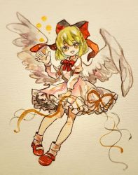 Rule 34 | 1girl, angel wings, blonde hair, bow, dress, feathered wings, full body, gengetsu (touhou), hair bow, highres, key747h, long sleeves, lotus land story, painting (medium), puffy sleeves, red bow, ribbon, shoes, short hair, skirt, smile, solo, touhou, touhou (pc-98), traditional media, vest, watercolor (medium), wings, yellow eyes