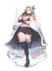 Rule 34 | 1girl, abs, alternate costume, amado (shin), black choker, black footwear, blonde hair, breasts, choker, christmas, christmas tree, cleavage, curvy, drill hair, full body, gift, gloves, hat, highres, kanzuki karin, large breasts, legs, lipstick, long hair, looking at viewer, makeup, merry christmas, navel, orange eyes, parted lips, smile, snow, solo, standing, stomach, street fighter, thick thighs, thighhighs, thighs, twintails, wide hips