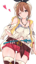 Rule 34 | 1girl, atelier (series), atelier ryza, atelier ryza 1, belt, brown eyes, brown hair, closed mouth, collarbone, cowboy shot, harusame (moyuna412), heart, highres, jewelry, looking at viewer, navel, necklace, one eye closed, red shorts, reisalin stout, shiny skin, shirt, short hair, short shorts, shorts, simple background, smile, solo, standing, thighhighs, thighs, white background, white headwear, white shirt