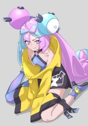Rule 34 | 1girl, absurdres, bare shoulders, blue hair, bow-shaped hair, commentary request, creatures (company), criss-cross halter, eyes visible through hair, game freak, grey background, halterneck, hexagon print, high heels, highres, iono (pokemon), jacket, light blue hair, long sleeves, looking at viewer, multicolored hair, nintendo, oversized clothes, pink eyes, pink hair, pokemon, pokemon sv, simple background, single leg pantyhose, sitting, sleeves past fingers, sleeves past wrists, solo, split-color hair, sweat, tanabe (fueisei), two-tone hair, very long sleeves, wariza, yellow jacket