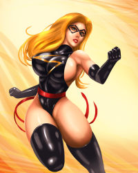 Rule 34 | 1girl, armpits, belt, black gloves, black thighhighs, blonde hair, blue eyes, breasts, carol danvers, domino mask, elbow gloves, gloves, highleg, highleg leotard, huge breasts, leotard, lipstick, long hair, looking at viewer, makeup, marvel, mask, ms. marvel, sash, shiny clothes, sideboob, simple background, smile, solo, standing, svoidist, thick thighs, thighhighs, thighs