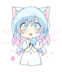 Rule 34 | 1girl, animal ear fluff, animal ears, blue eyes, blue hair, blue wings, blush, chibi, collared dress, commentary request, cropped torso, dress, gradient hair, hair between eyes, long hair, looking at viewer, mini wings, multicolored hair, open mouth, original, pink hair, short sleeves, simple background, solo, totoharu (kujirai minato), upper body, white background, white dress, wings