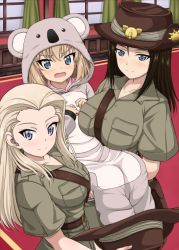 Rule 34 | 3girls, belt, black hair, blonde hair, blue eyes, blush, breasts, brown headwear, brown shirt, clara (girls und panzer), closed mouth, collared shirt, commentary request, curtains, fang, frown, girls und panzer, hat, unworn hat, unworn headwear, holding, holding clothes, holding hat, indoors, inoshira, katyusha (girls und panzer), koala costume, koala forest military uniform, large breasts, lifting person, long hair, looking at viewer, military, military uniform, multiple girls, nonna (girls und panzer), open mouth, sam browne belt, shirt, short hair, short sleeves, slouch hat, smile, standing, swept bangs, uniform, window