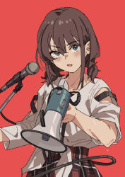 Rule 34 | 1girl, blue eyes, brown hair, clothing cutout, collarbone, commentary, cowboy shot, geng99161, girls band cry, hair between eyes, highres, holding, holding megaphone, iseri nina, long hair, looking at viewer, low twintails, megaphone, microphone, open mouth, plaid, plaid skirt, red background, red skirt, shirt, shirt partially tucked in, short hair, short sleeves, short twintails, shoulder cutout, simple background, skirt, solo, sparkle, sweat, tied shirt, twintails, white shirt