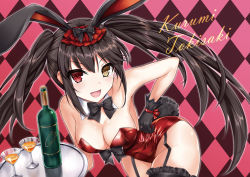 Rule 34 | 1girl, :d, animal ears, asle, bare shoulders, black bow, black bowtie, black gloves, black hair, bottle, bow, bowtie, breasts, character name, cleavage, clock eyes, collar, commentary request, cup, date a live, detached collar, drink, drinking glass, fake animal ears, garter straps, gloves, heterochromia, holding, holding tray, leaning forward, leotard, long hair, looking at viewer, medium breasts, open mouth, playboy bunny, rabbit ears, rabbit tail, red eyes, red leotard, smile, solo, strapless, strapless leotard, symbol-shaped pupils, tail, tokisaki kurumi, tray, twintails, very long hair, white collar, yellow eyes