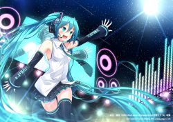 Rule 34 | 1girl, :d, aqua eyes, aqua hair, arm up, breasts, concert, detached sleeves, hatsune miku, headset, long hair, miniskirt, necktie, night, night sky, open mouth, outstretched arm, outstretched hand, projected inset, sky, small breasts, smile, solo, thighhighs, twintails, ugume, very long hair, vocaloid, watermark, zettai ryouiki