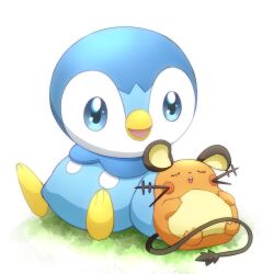 Rule 34 | blue eyes, closed eyes, creatures (company), dedenne, full body, game freak, gen 4 pokemon, gen 6 pokemon, highres, looking at another, monaka (hc pkmn), nintendo, no humans, open mouth, piplup, pokemon, pokemon (creature), simple background, sitting, sleeping, smile, teeth, u u, upper teeth only, white background