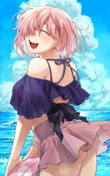 Rule 34 | 1girl, absurdres, alternate costume, amami tokko, ass, blue sky, blush, closed eyes, cloud, commentary, fate/grand order, fate (series), from behind, hair over one eye, highres, holding, holding swim ring, innertube, mash kyrielight, ocean, one eye covered, open mouth, outdoors, pink hair, pink skirt, short hair, skirt, sky, smile, solo, swim ring, swimsuit, swimsuit skirt, teeth, upper teeth only