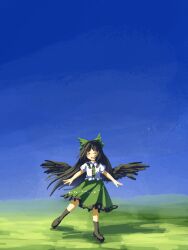 Rule 34 | 1girl, baila kuangzi, bird girl, bird wings, black footwear, black hair, black wings, blue sky, boots, chinese commentary, closed eyes, collared shirt, commentary request, facing viewer, feathered wings, flat chest, full body, green ribbon, green skirt, hair ribbon, happy, highres, long hair, no nose, open mouth, outdoors, reiuji utsuho, ribbon, shirt, short sleeves, skirt, sky, smile, solo, touhou, white shirt, wings